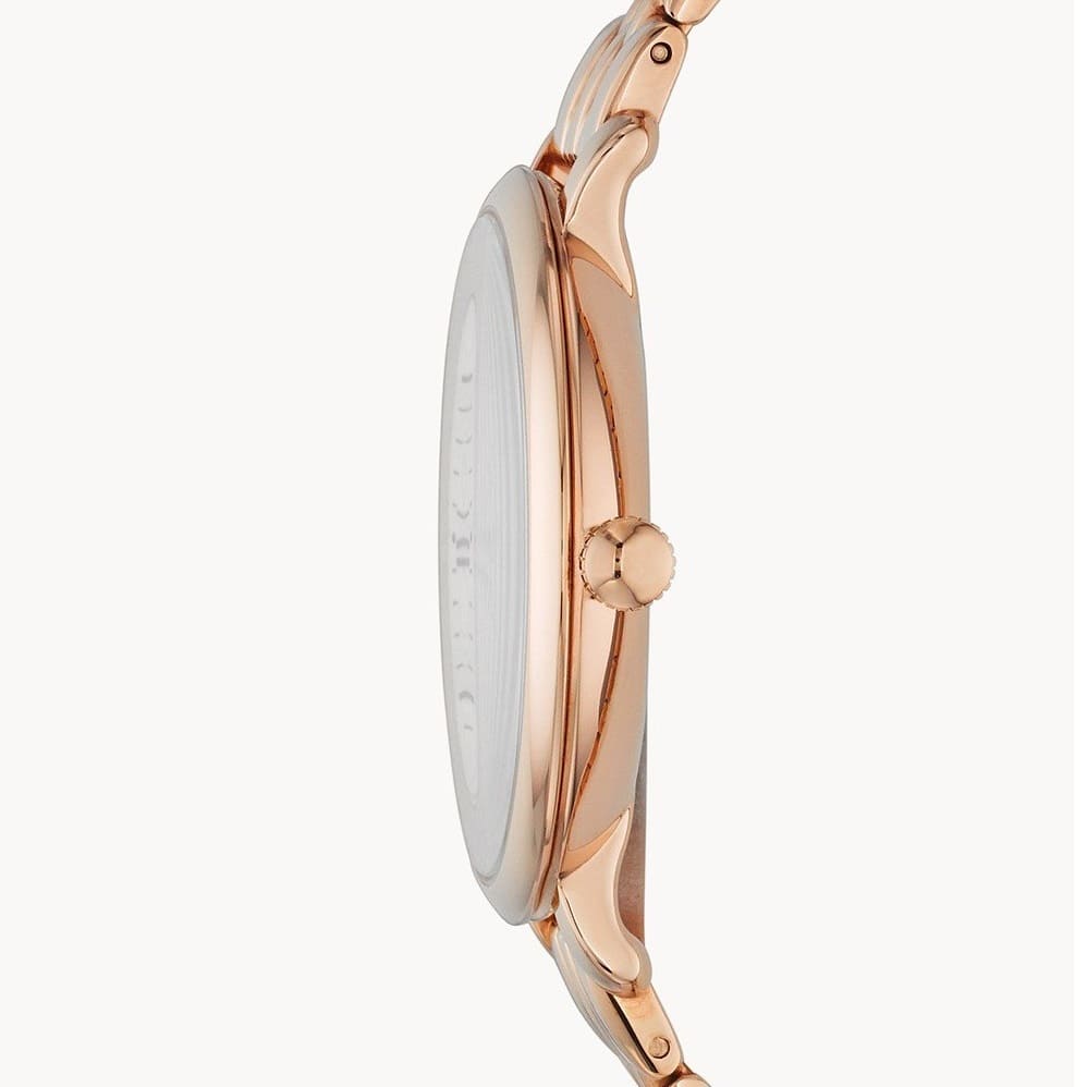 Side view photo of Fossil ES3435 showing case thickness and rose gold strap connection