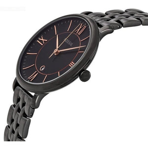 Perspective photo of Fossil Jacqueline ES3614 showing the side profile and polished black finish