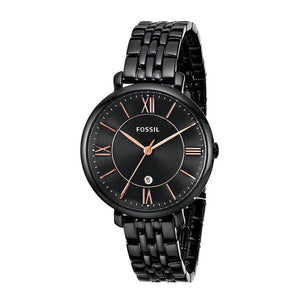 Angled real-life photo of Fossil Jacqueline ES3614 showing the slim black case and metal strap