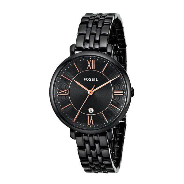 Angled real-life photo of Fossil Jacqueline ES3614 showing the slim black case and metal strap