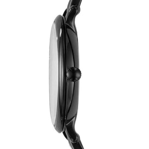 Side view photo of Fossil Jacqueline ES3614 showing case thickness and black strap connection