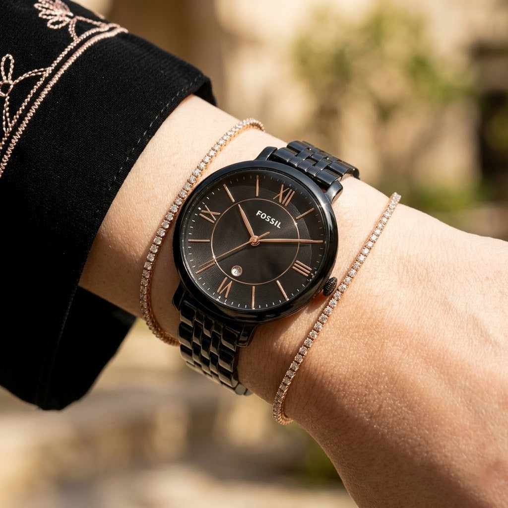 Close up shot of Fossil Jacqueline ES3614 on wrist showing black dial and rose gold numerals