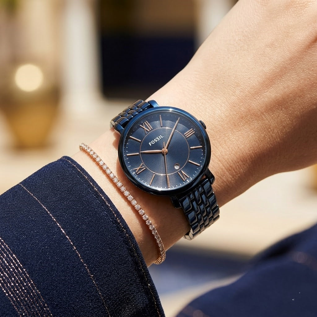 Close up shot of Fossil ES4094 on wrist showing navy dial and rose gold numerals