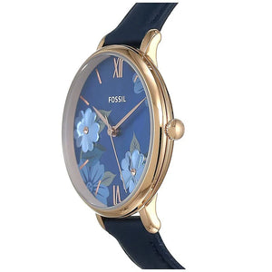 Angled real-life photo of Fossil Carlie Mini ES4673 showing the slim rose gold case and leather texture