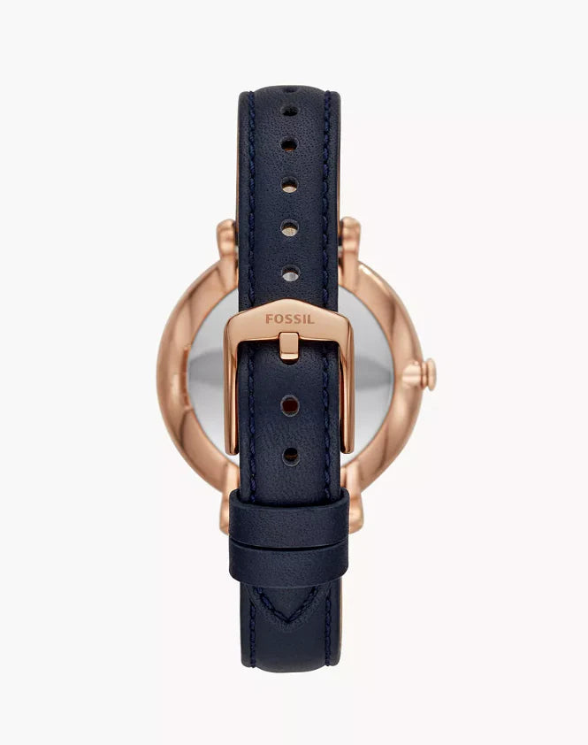 Photo of the rose gold-tone stainless steel buckle on the blue leather strap of Fossil Carlie Mini ES4673