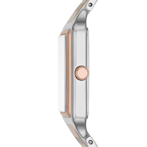 Detail photo of the rose gold-tone crown on the Fossil Raquel ES5222 watch