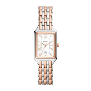 Authentic real-life photo of Fossil Raquel ES5222 showing actual two-tone silver and rose gold finish