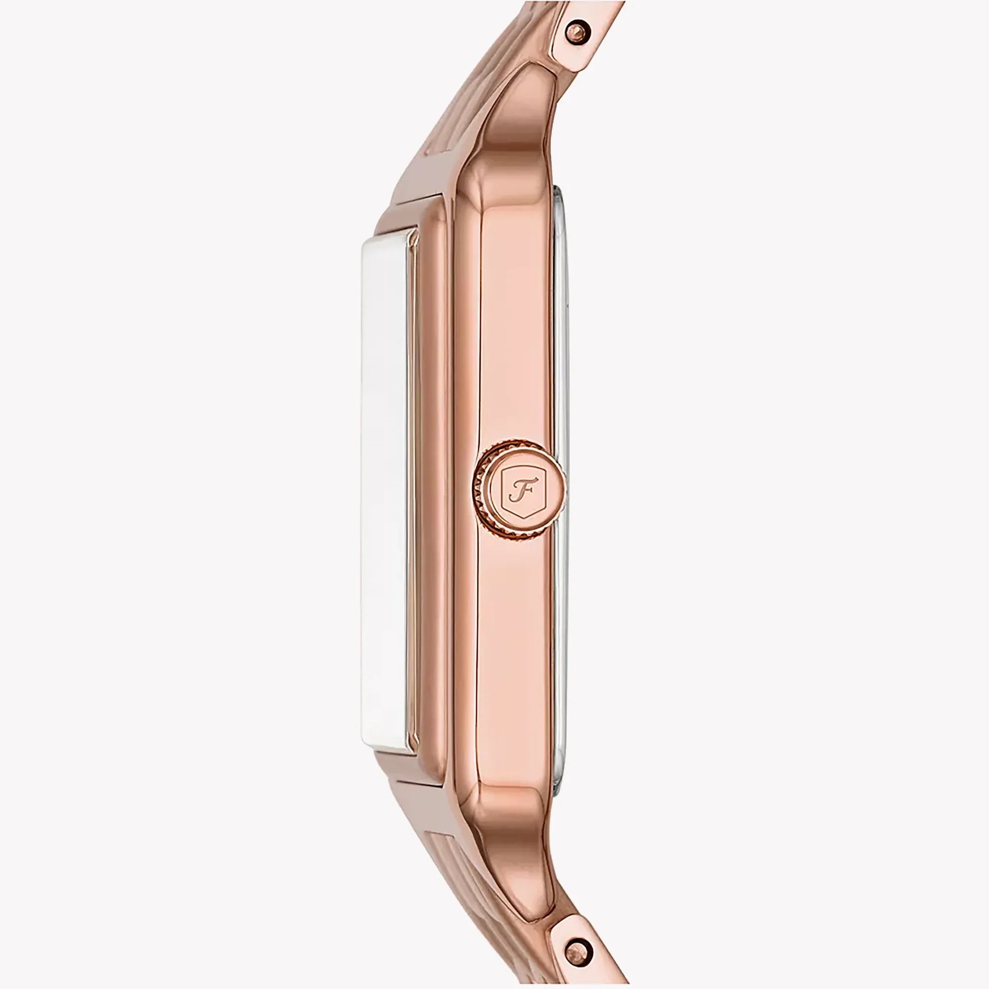 Angled real-life photo of Fossil Raquel ES5271 showing the rectangular rose gold case and link strap
