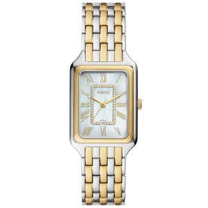 Authentic real-life photo of Fossil Raquel ES5305 showing actual two-tone shine and mother of pearl dial