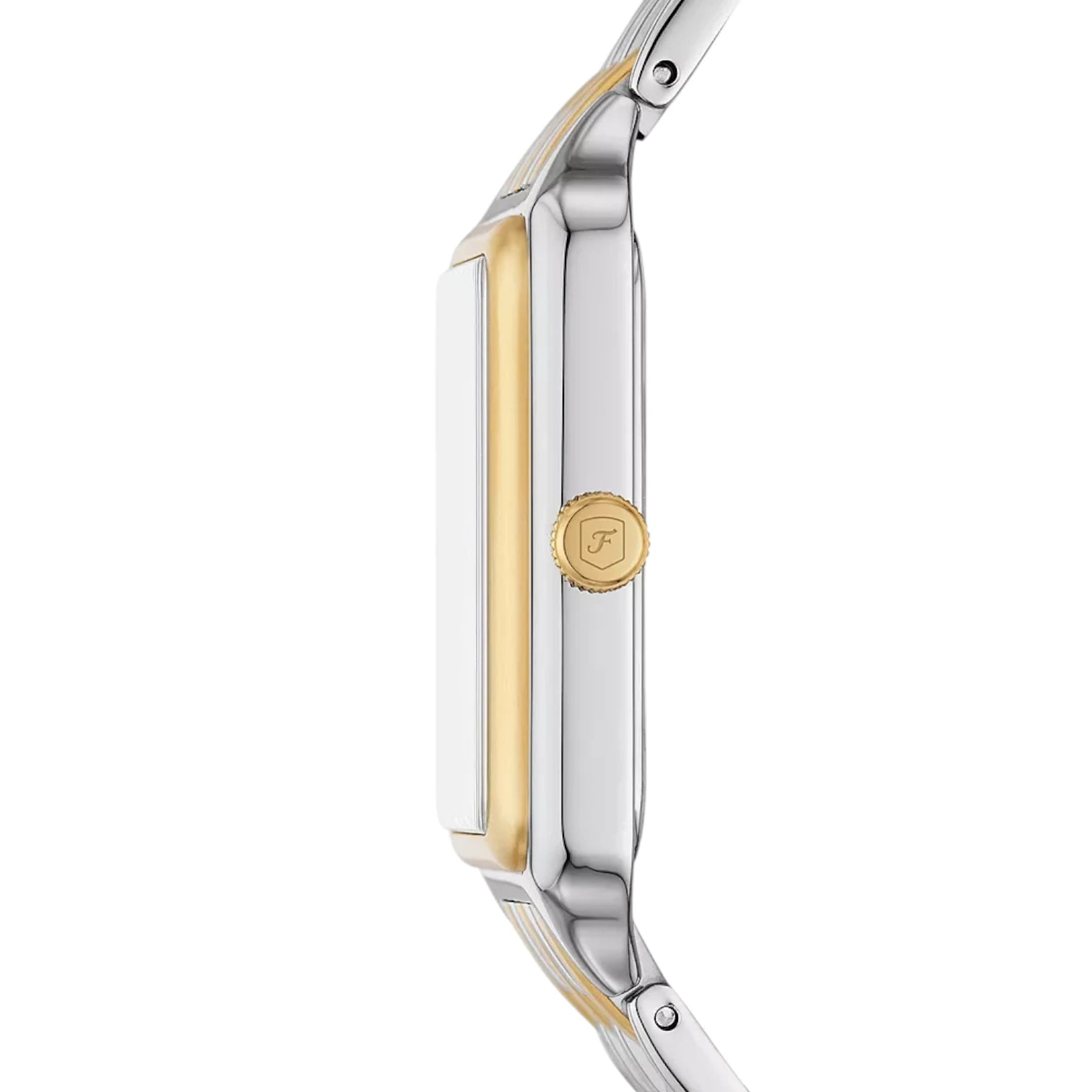 Side view photo of Fossil Raquel ES5305 showing case thickness and two-tone strap connection