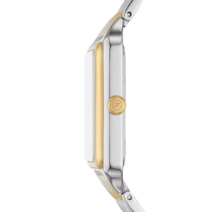 Side view photo of Fossil Raquel ES5305 showing case thickness and two-tone strap connection