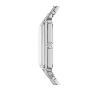 Angled real-life photo of Fossil Raquel ES5306 showing the rectangular silver case and link strap