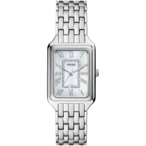Authentic real-life photo of Fossil Raquel ES5306 showing actual silver shine and mother of pearl dial