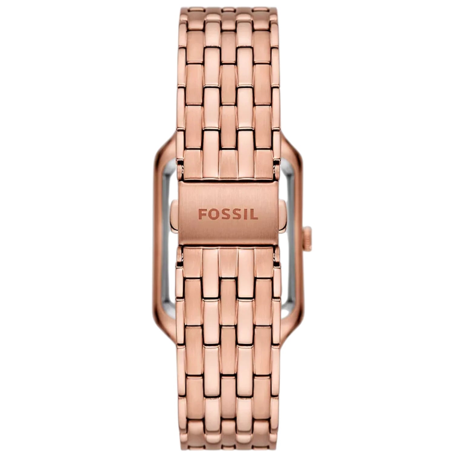 Photo of the rose gold deployment clasp on the metal strap of Fossil Raquel ES5323