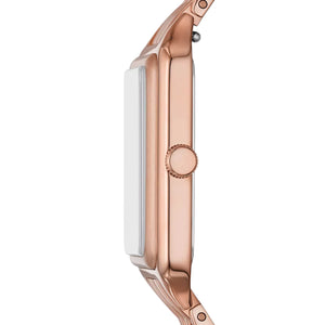 Side view photo of Fossil Raquel ES5323 showing case thickness and rose gold strap connection