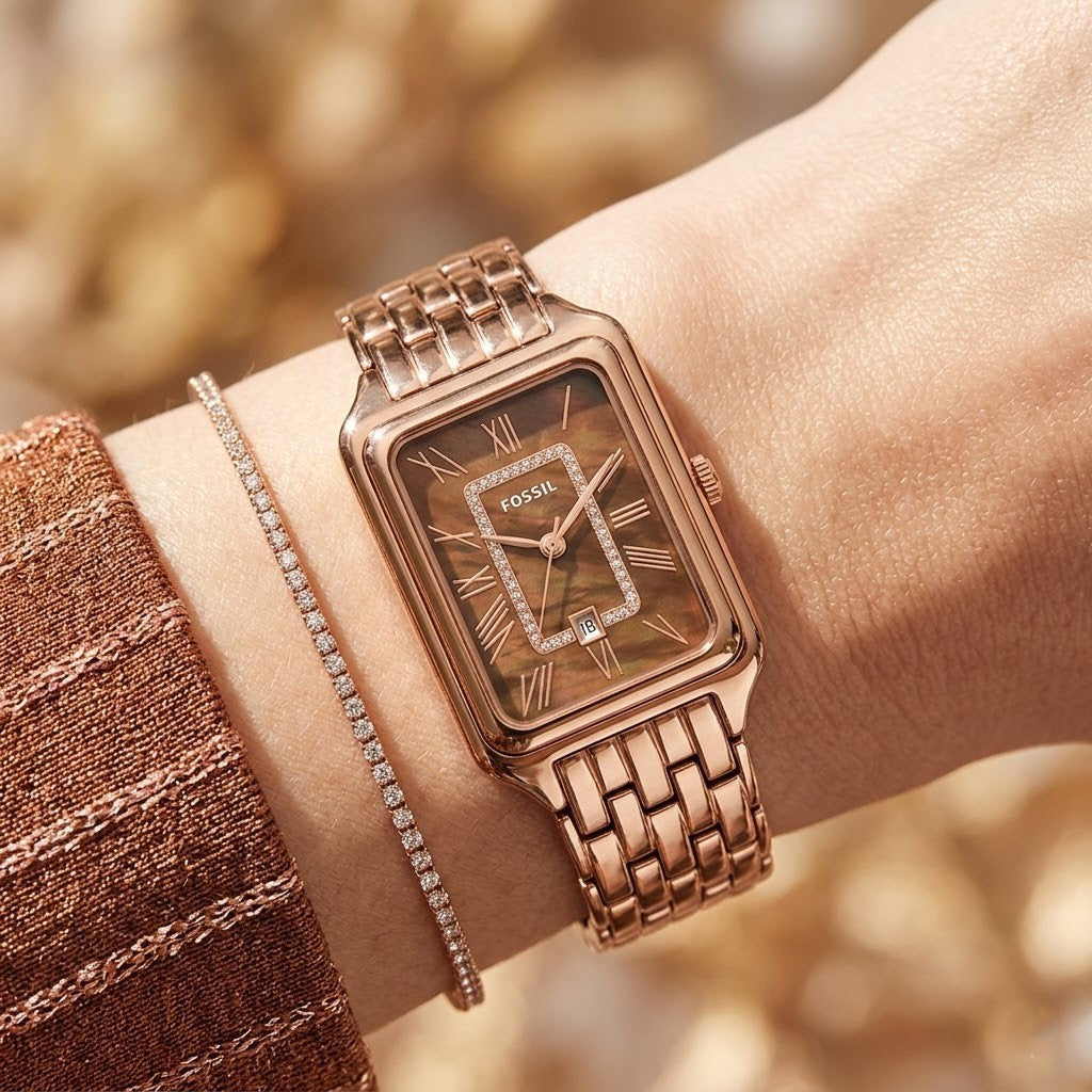 Close up shot of Fossil Raquel ES5323 on wrist showing rectangular case and crystal inner frame