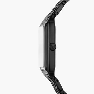 Angled real-life photo of Fossil Raquel ES5340 showing the rectangular black case and link strap