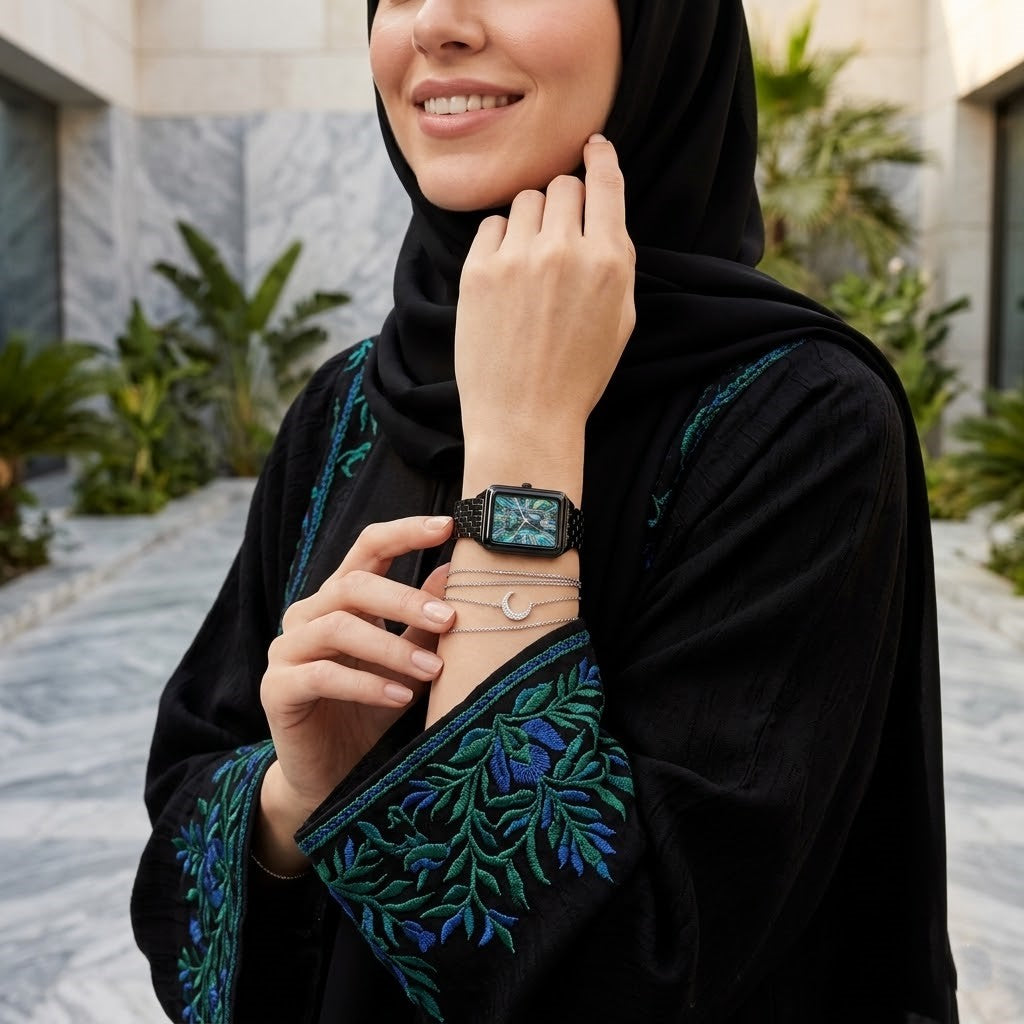 Lifestyle photo of Fossil Raquel ES5340 showing the watch on a woman's wrist with black bracelet