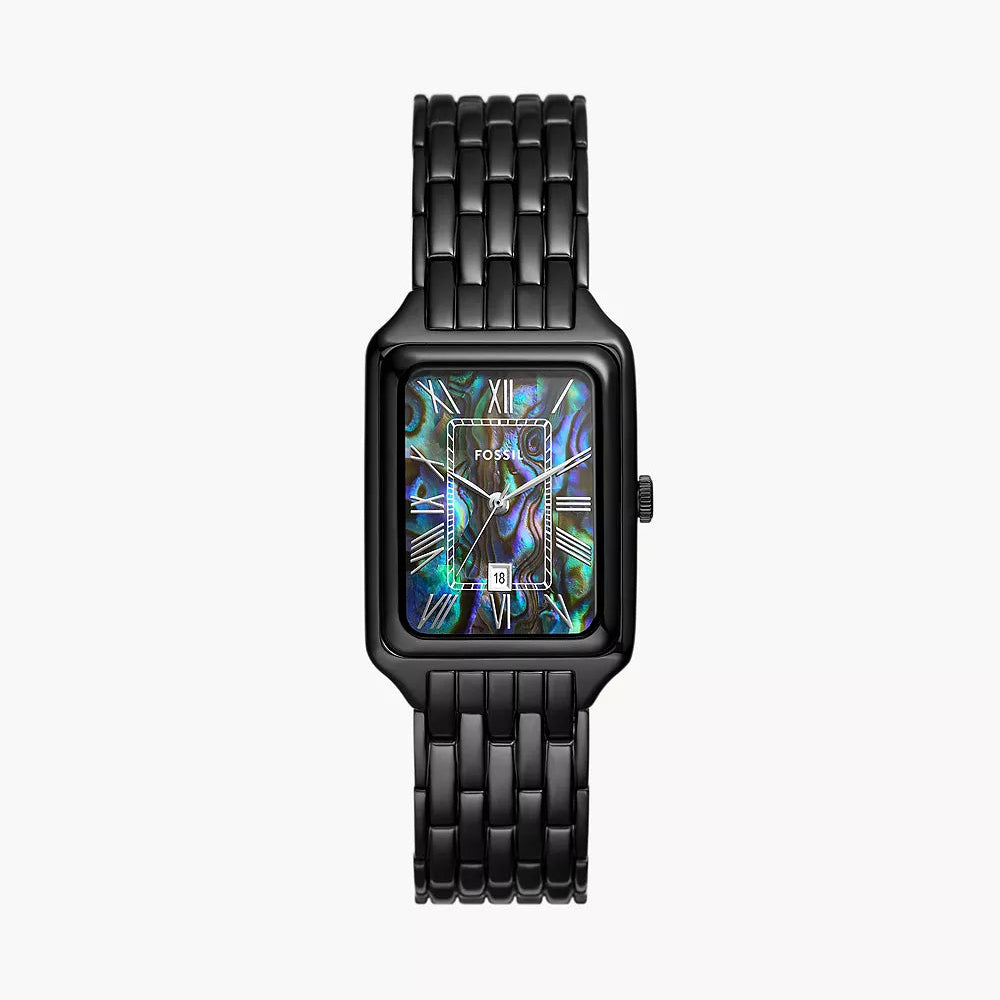 Authentic real-life photo of Fossil Raquel ES5340 showing actual black finish and iridescent abalone dial