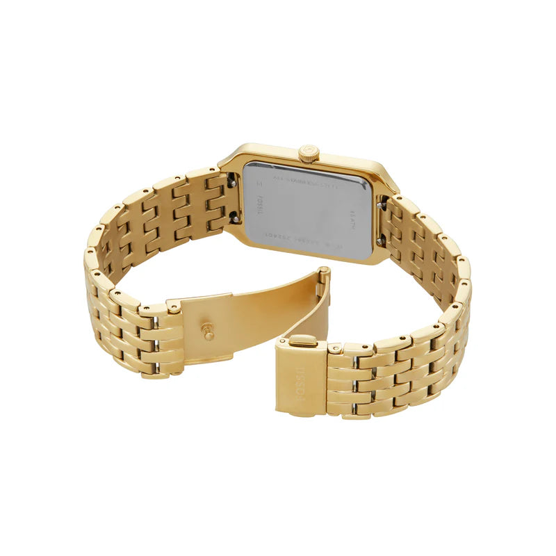 Photo of the gold deployment clasp on the metal strap of Fossil Raquel ES5341