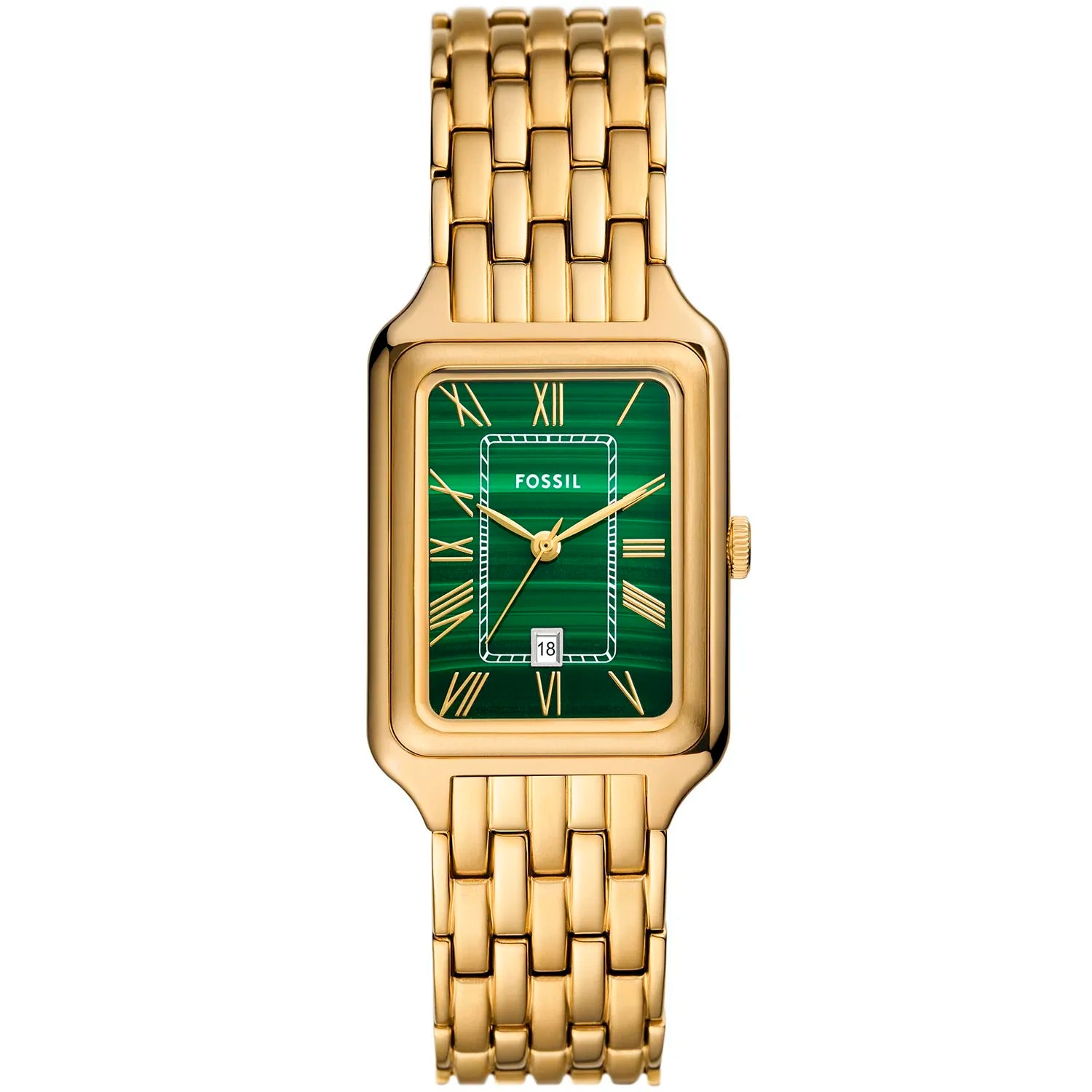 Authentic real-life photo of Fossil Raquel ES5341 showing actual gold shine and green textured dial