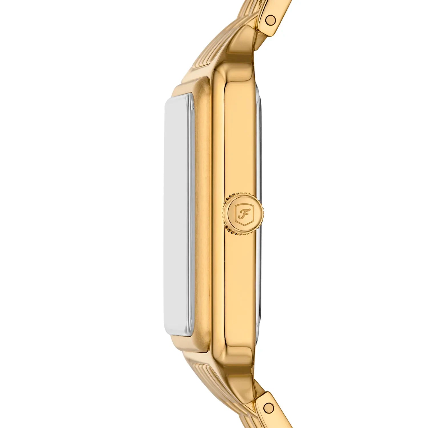 Side view photo of Fossil Raquel ES5341 showing case thickness and gold strap connection