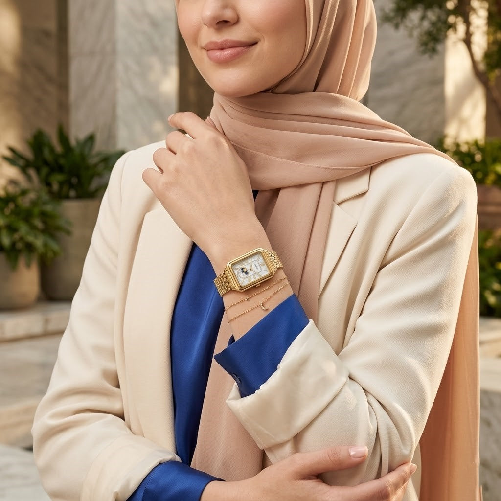 Lifestyle photo of Fossil Raquel ES5398 showing the rectangular gold watch on a woman's wrist