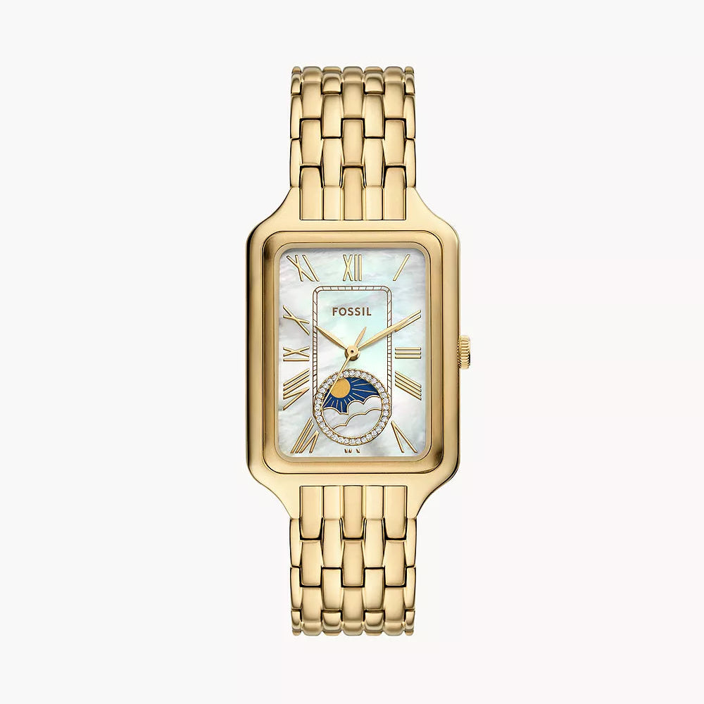 Authentic real-life photo of Fossil Raquel ES5398 showing Sun & Moon phase and gold mother of pearl dial