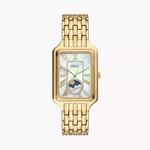 Authentic real-life photo of Fossil Raquel ES5398 showing Sun & Moon phase and gold mother of pearl dial