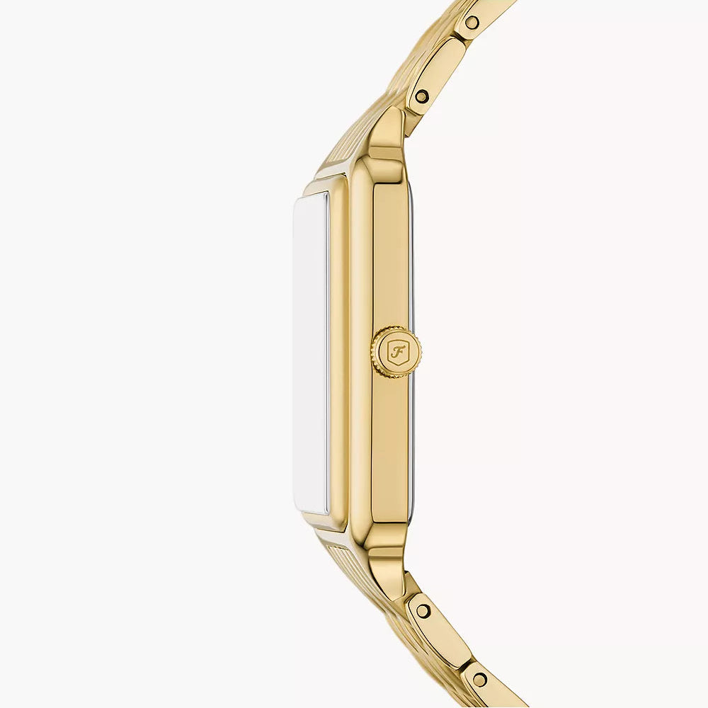 Side view photo of Fossil Raquel ES5398 showing the case thickness and gold bracelet connection