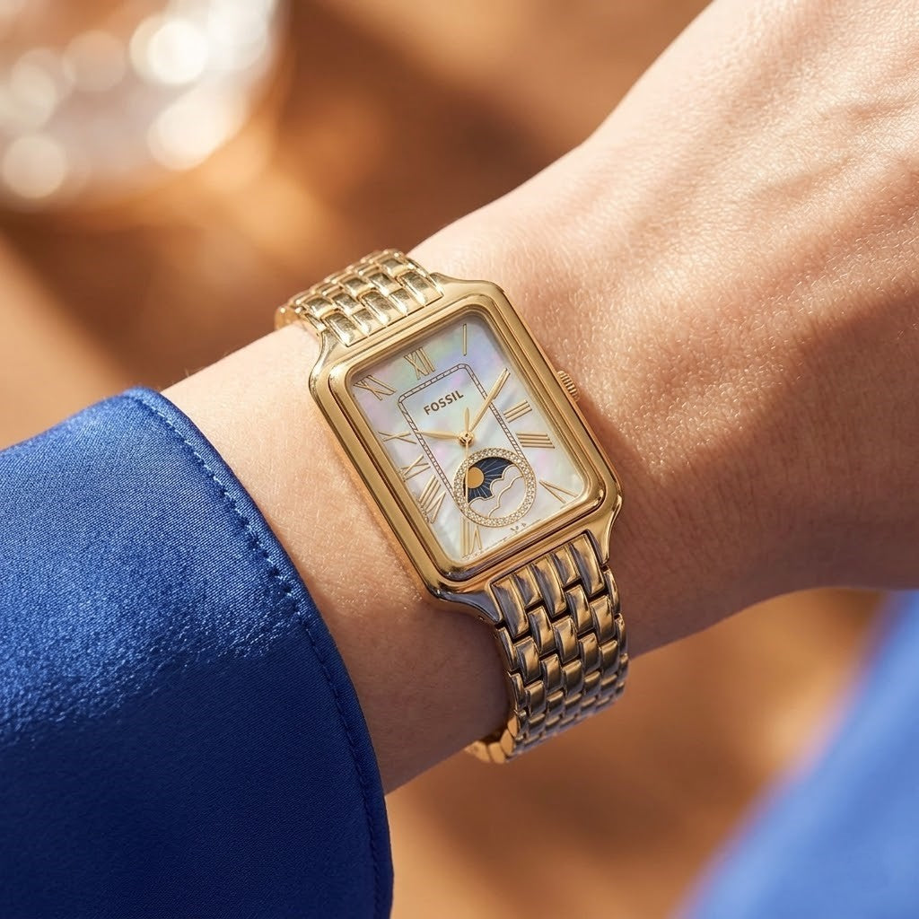 Close up shot of Fossil Raquel ES5398 on wrist showing the crystal sun and moon indicator