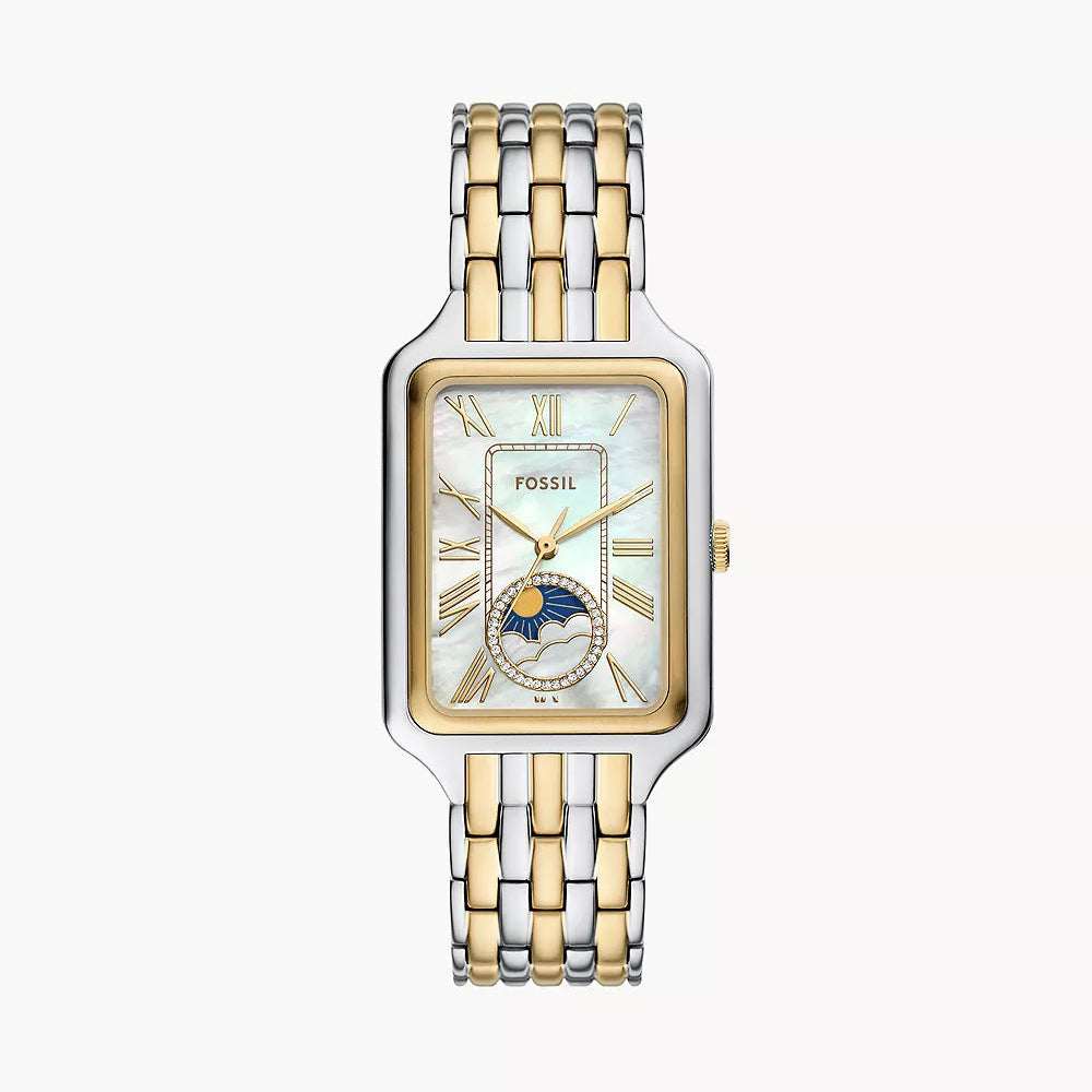 Authentic real-life photo of Fossil Raquel ES5399 showing Sun & Moon phase and mother of pearl dial