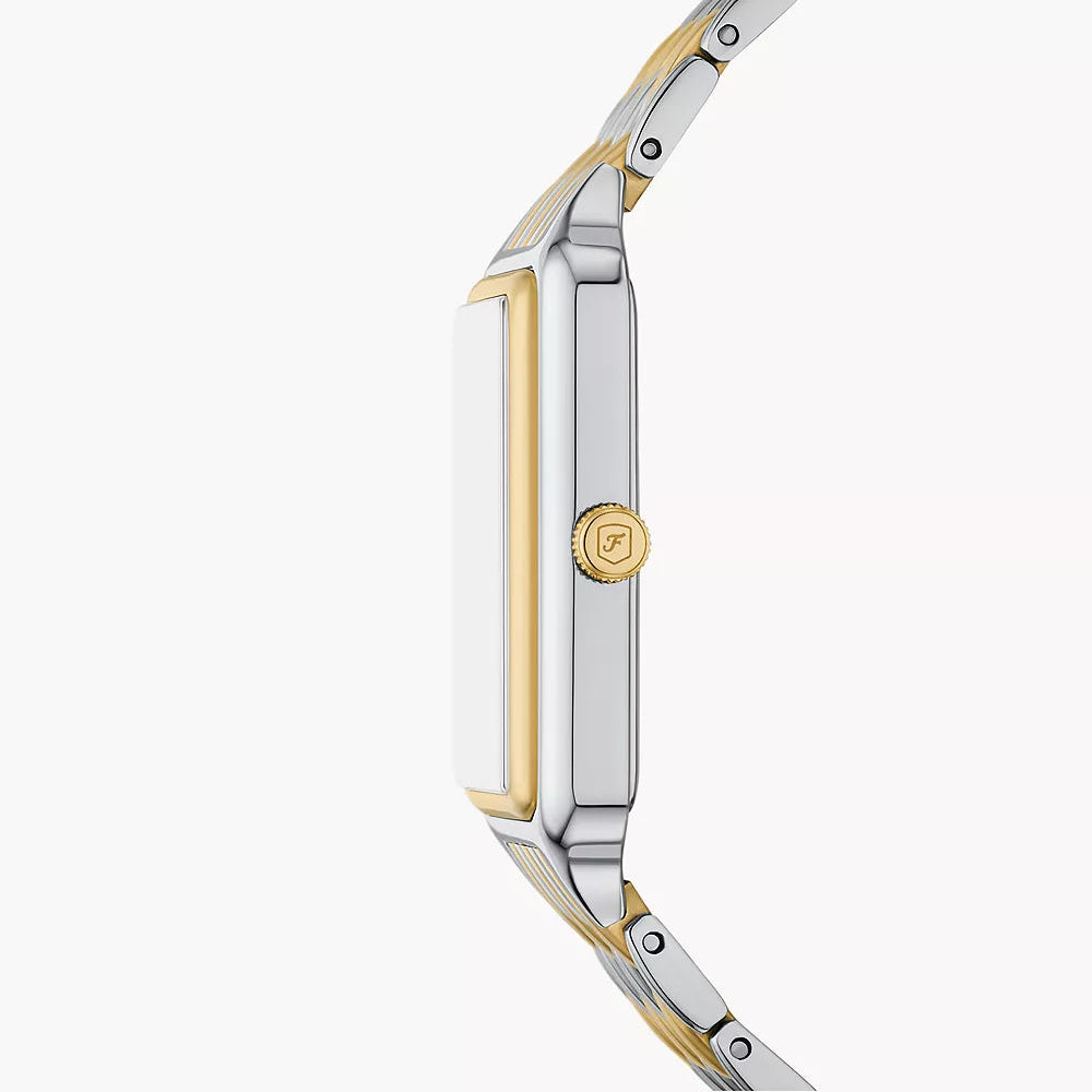 Side view photo of Fossil Raquel ES5399 showing the thickness and two-tone bracelet connection