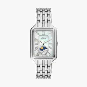 Authentic real-life photo of Fossil Raquel ES5400 showing Sun & Moon phase and silver mother of pearl dial