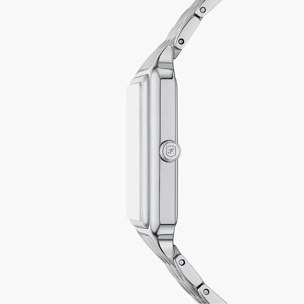 Side view photo of Fossil Raquel ES5400 showing the case thickness and silver bracelet connection