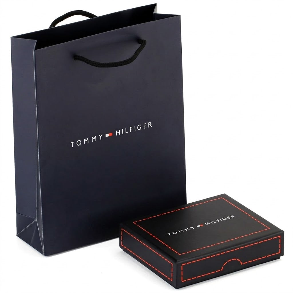 Tommy Hilfiger branded black shopping bag and box on a white background