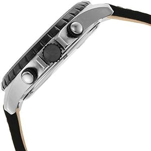 Close-up side view of a wristwatch with a silver-toned metal case, black textured bezel, black strap, and silver pushers on a white background.