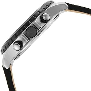 Close-up side view of a wristwatch with a silver-toned metal case, black textured bezel, black strap, and silver pushers on a white background.