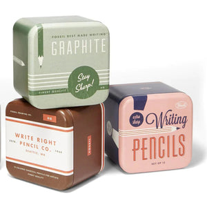 Four vintage-style metal pencil boxes arranged on a white studio background. The set includes orange, mint green, brown, and dusty pink boxes with retro text and pencil illustrations.