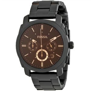 Fossil watch with black strap and brown dial on a white background