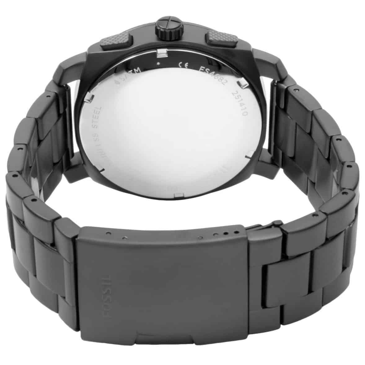 Black Fossil watch with metal band on a white background