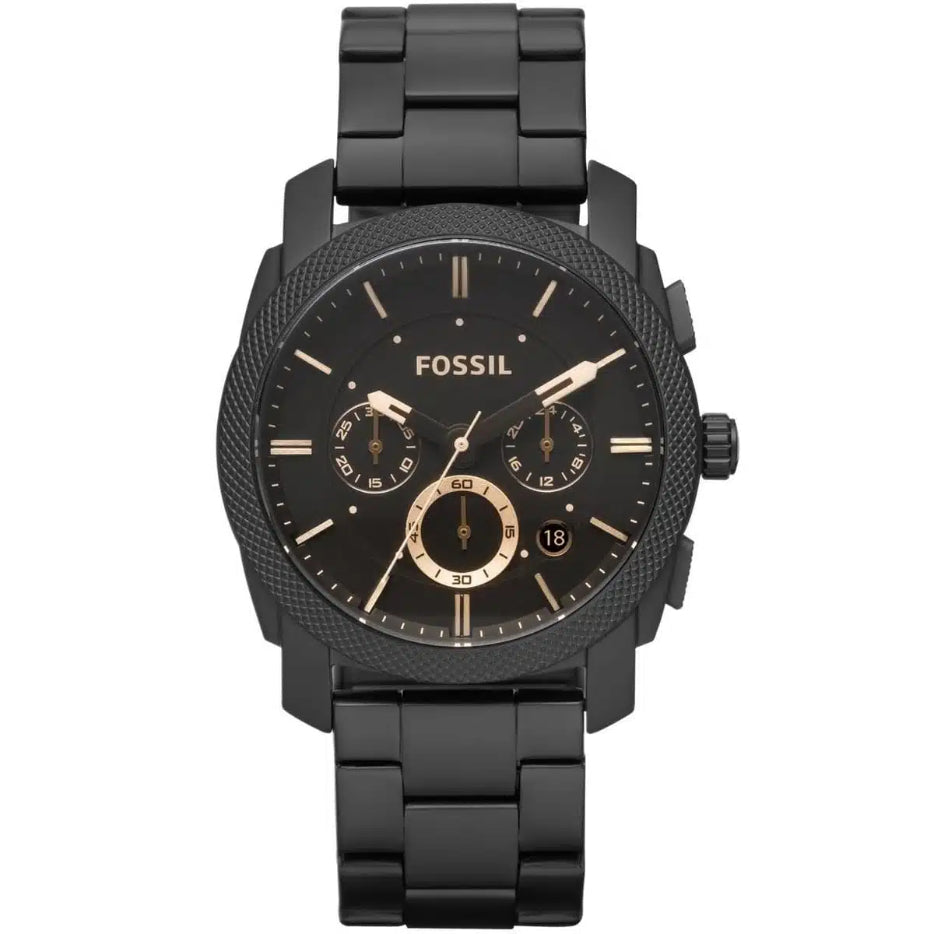 Fossil Machine FS4682 men's quartz chronograph watch with black stainless steel case and bracelet