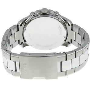 The back view of a stainless steel wrist watch with a metal link bracelet, showing the brushed silver case back and clasp engraved with the Fossil brand name.