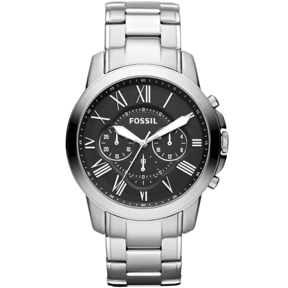 Front view of Fossil Grant FS4736 men's chronograph watch with black dial and silver stainless steel bracelet.
