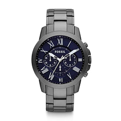 Front view of Fossil Grant FS4831 men's chronograph watch with blue dial and gunmetal stainless steel bracelet.