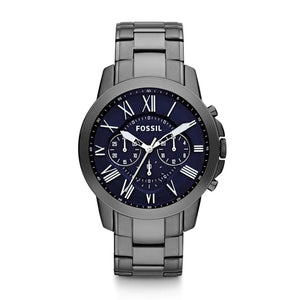 Front view of Fossil Grant FS4831 men's chronograph watch with blue dial and gunmetal stainless steel bracelet.