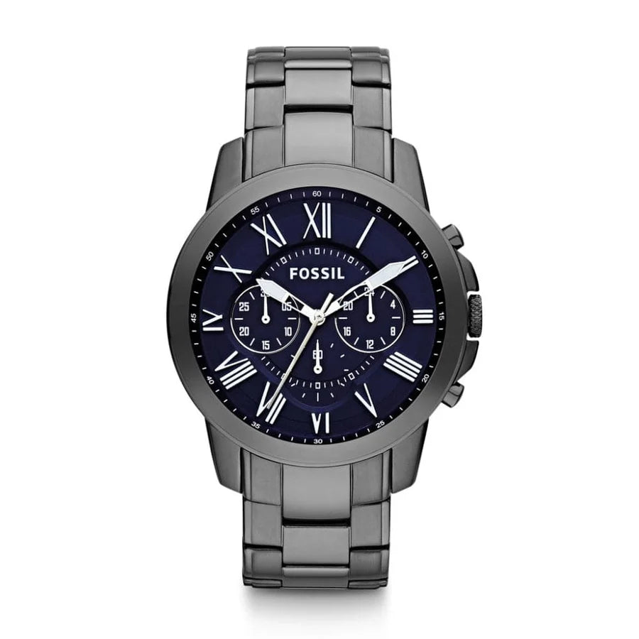 Front view of Fossil Grant FS4831 men's chronograph watch with blue dial and gunmetal stainless steel bracelet.