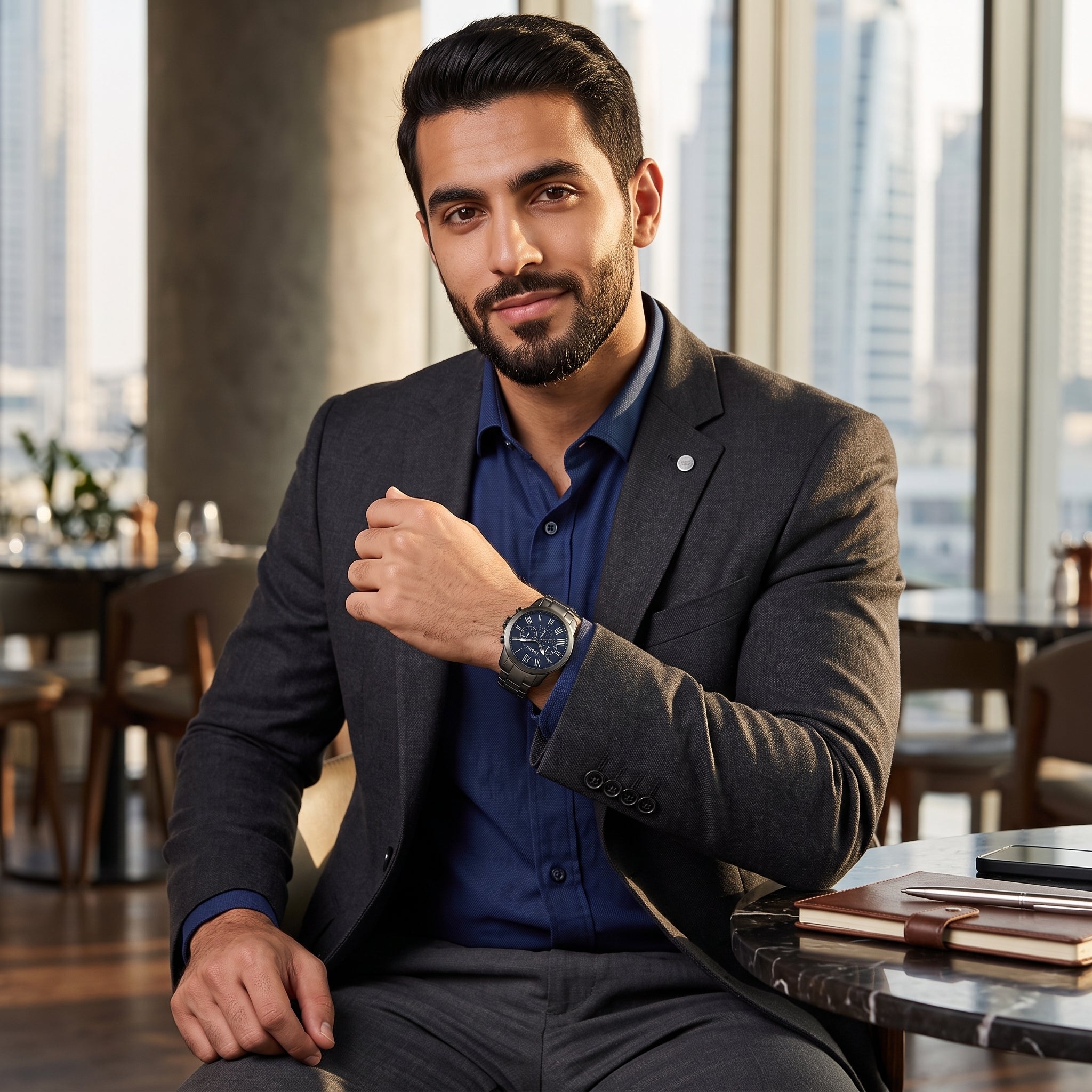 Luxury lifestyle image featuring the Fossil Grant FS4831 chronograph watch.