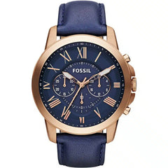Front view of Fossil Grant FS4835 men's chronograph watch with blue dial and blue leather strap.