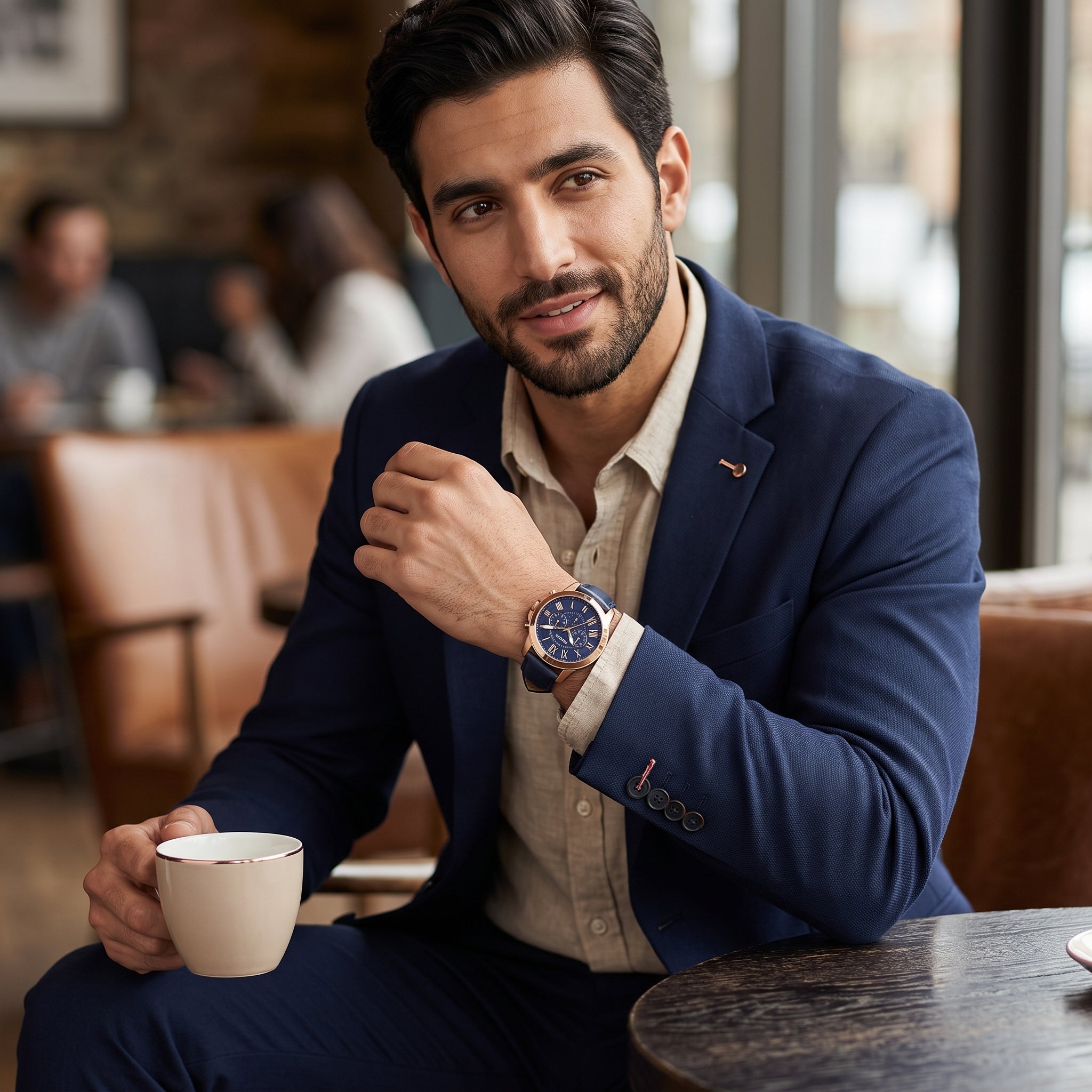 Luxury lifestyle image featuring the Fossil Grant FS4835 chronograph watch.